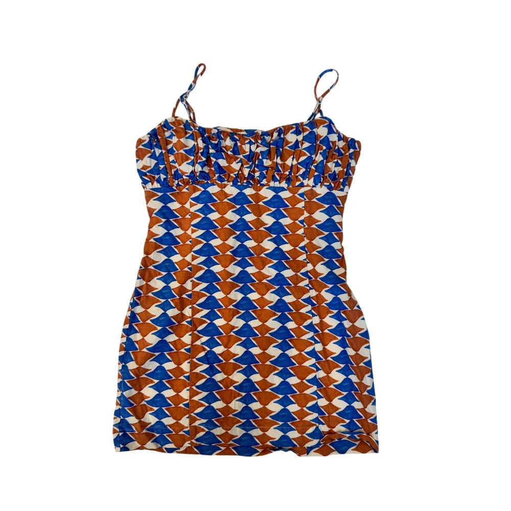 Maeve Anthropologie Ophelia Linen Blend Mini Dress 6 Blue Geometric Coastal - Picture 3 of 16
